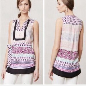 Anthropologie Maeve Istmo Silk Tunic Top. Size 6. Tassel and button detail.